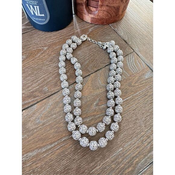 Monet Silvertone Filigree Metal Bead Double Strand Choker Necklace Adjustable - Picture 1 of 9